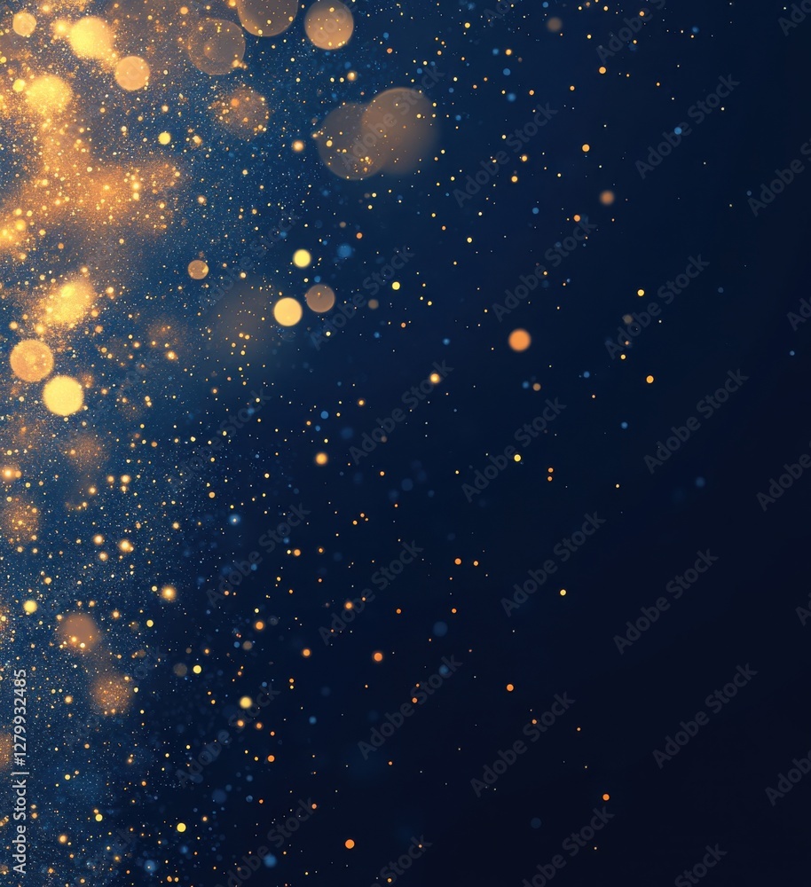 Poster glimmering gold and blue bokeh effect with soft dust particles on deep background for elegant and cr