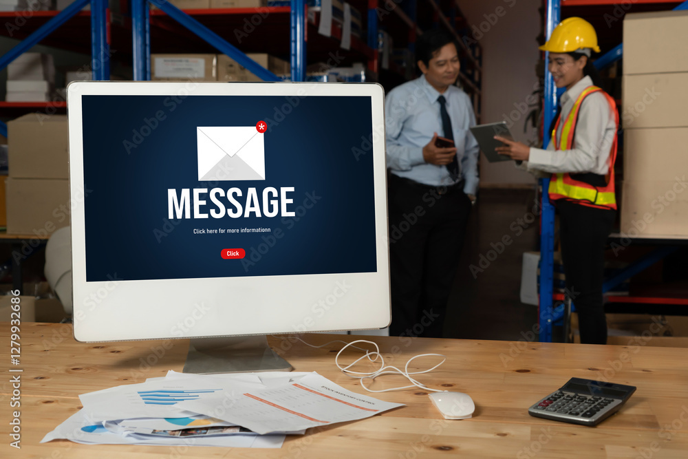Poster email notification message showing on computer screen snugly. digital marketing message information 