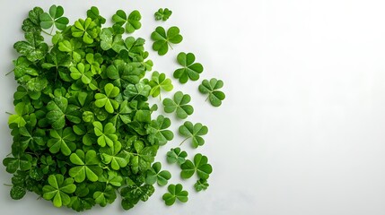 Visually striking flat lay photograph showcasing a carefully curated circular pattern of lush verdant four leaf clovers against a crisp minimalist white backdrop evoking a sense of luck prosperity