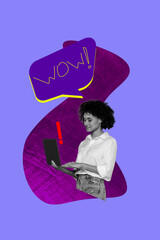 Art image vertical photo collage of happy girl hold laptop textbox notification icon communication speech chat exclamation