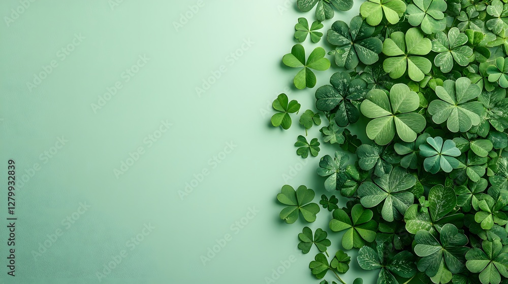 Poster flat lay photograph showcasing a circular pattern of multiple four leaf clovers arranged on a clean 