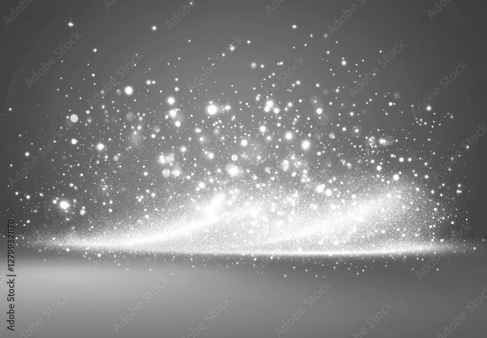 Poster glimmering particles of light create a magical atmosphere in a mystical setting with soft gray backg