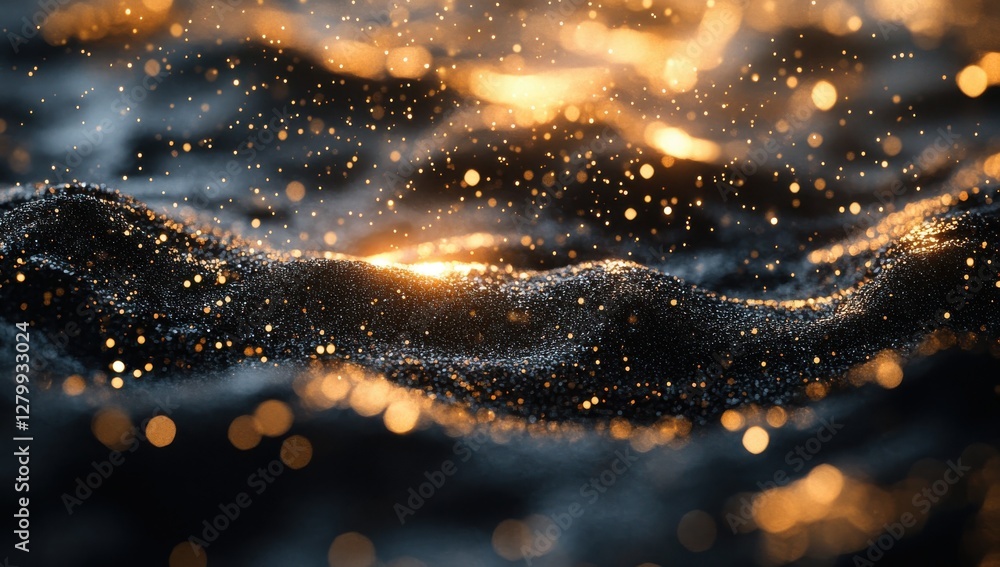 Poster glimmering water surface at sunset with bokeh lights and sparkling effects, captivating abstract pho