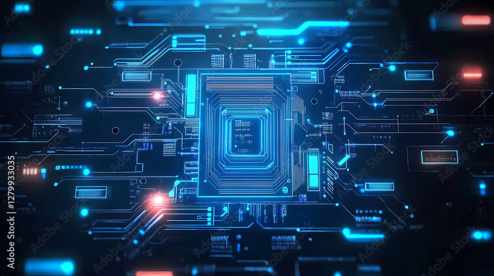 Poster 3d render of a blue circuit board with complex electronics
