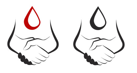 Blood donation, supportive feeling, two hands shaking with a blood drop, minimalistic style, red and black designs