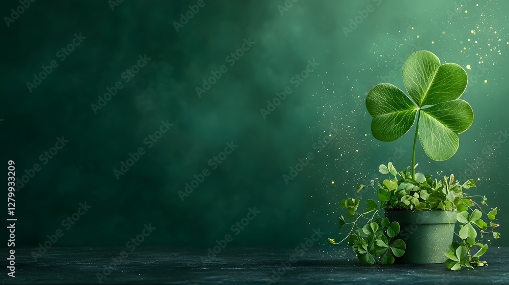 Poster mesmerizing macro photograph of a four leaf clover with a soft golden glow isolated against a dark t