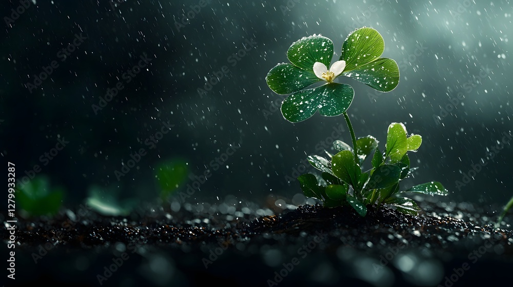 Poster ethereal macro photograph of a delicate four leaf clover glowing with a soft golden hue isolated aga