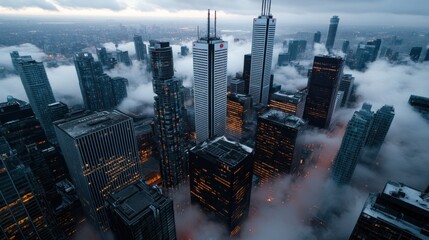 Naklejka premium Stunning Aerial View of Urban Skyline with Shrouded Clouds at Dusk