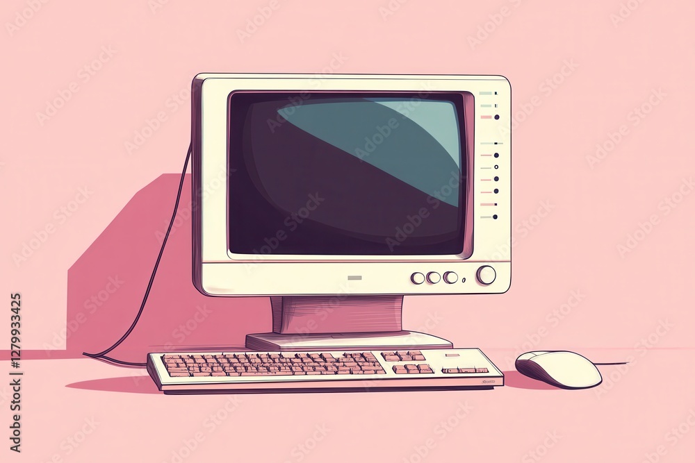 Aufkleber retro beige computer with keyboard and mouse on pink background. illustrates nostalgic computing, id