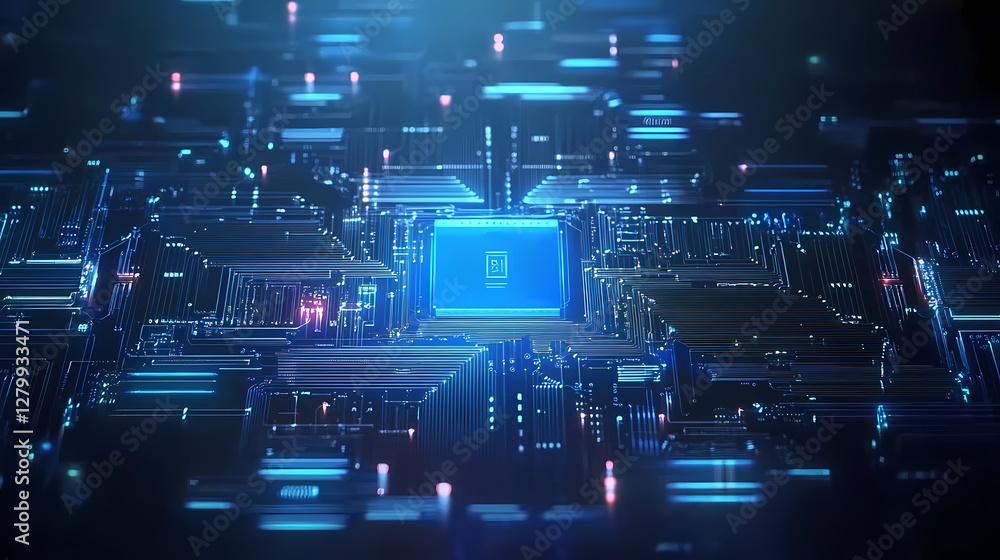 Poster high-tech circuit board with blue core processor