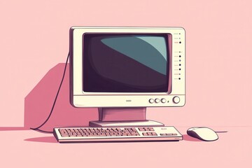 Retro beige computer with keyboard and mouse on pink background. Illustrates nostalgic computing, ideal for retro tech, 80s, or vintage design projects.