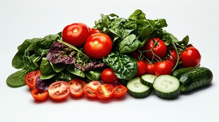 Fresh Colorful Vegetables and Leafy Greens on White Background