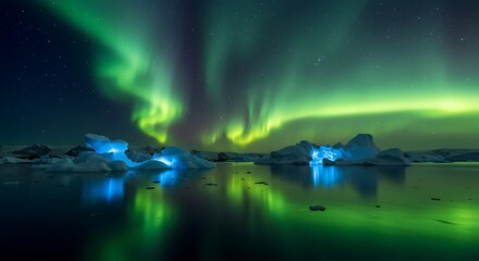 Aurora Borealis Over Iceland's Glacial Lagoon with Icebergs at Night