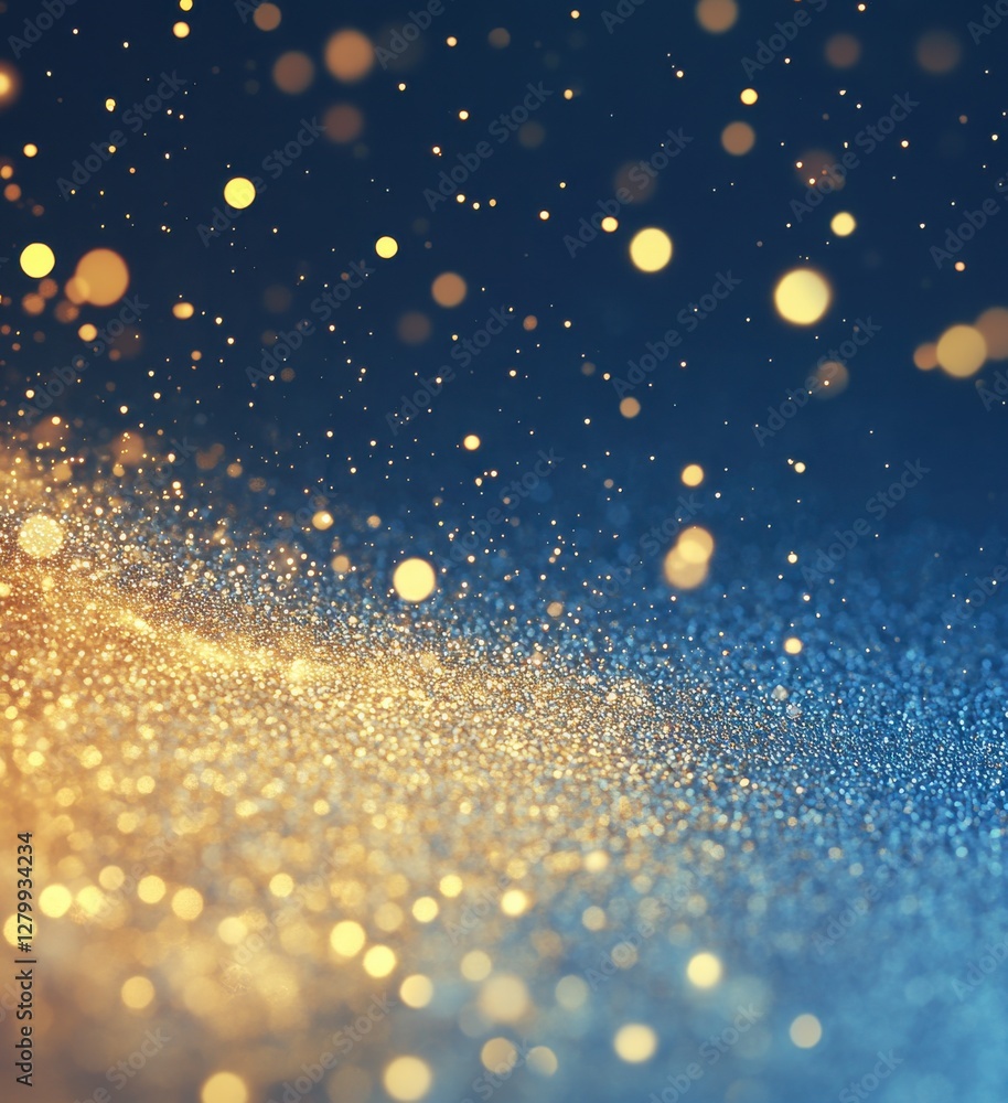 Poster golden and blue glittering particles in bokeh effect on dark background for abstract and festive the