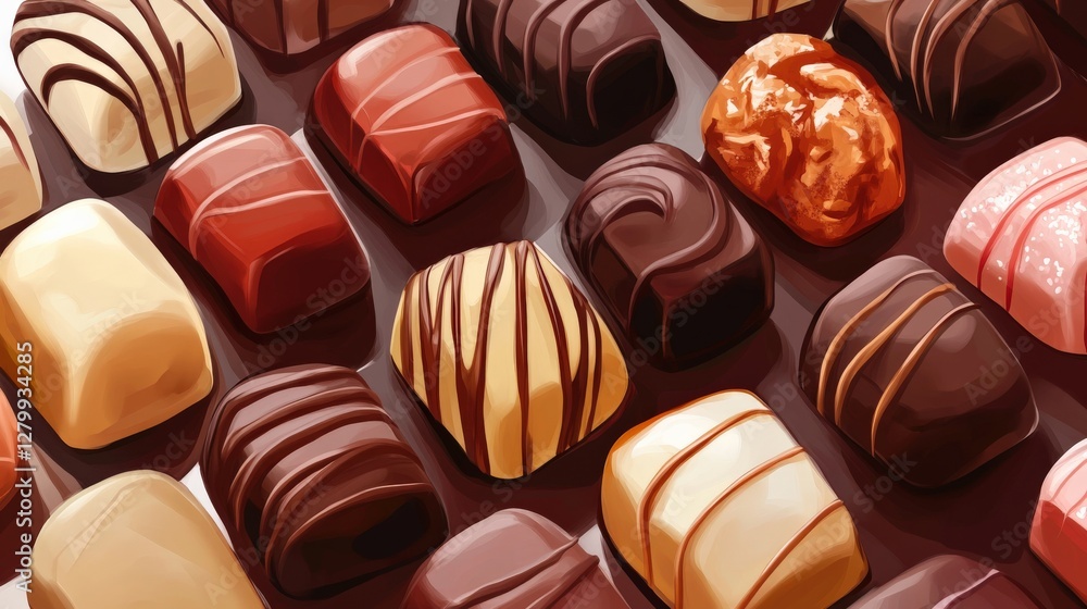 Poster assorted gourmet chocolates arranged neatly on a dark surface, showcasing various textures and color