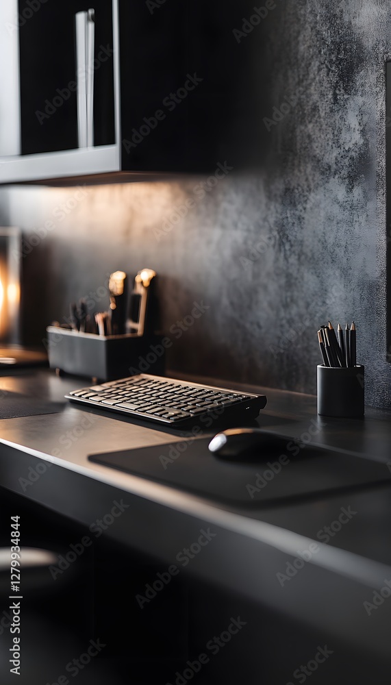 Poster minimalist workspace with keyboard mouse pen holder and shelf