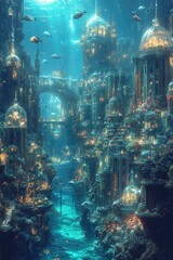 Submerged worlds: aquatic civilization, lost relics, ancient ruins, hidden history, deep secrets, abandoned life, forgotten structures, ocean mysteries, underwater exploration, timeless remains.