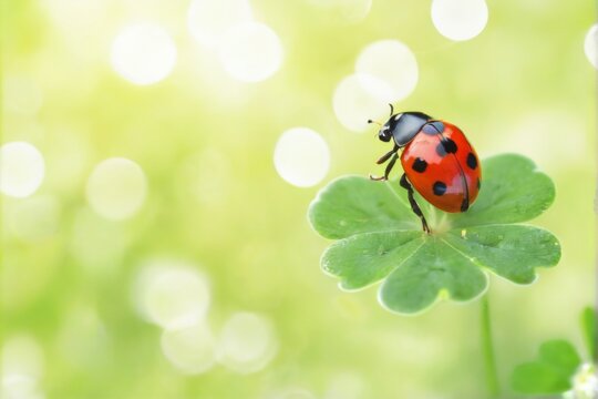 Closeup view of a red ladybug on a fourleaf clover with blurred green field background. Serene nature image.