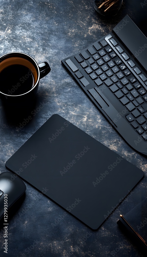 Poster a dark computer keyboard mouse and coffee on the table