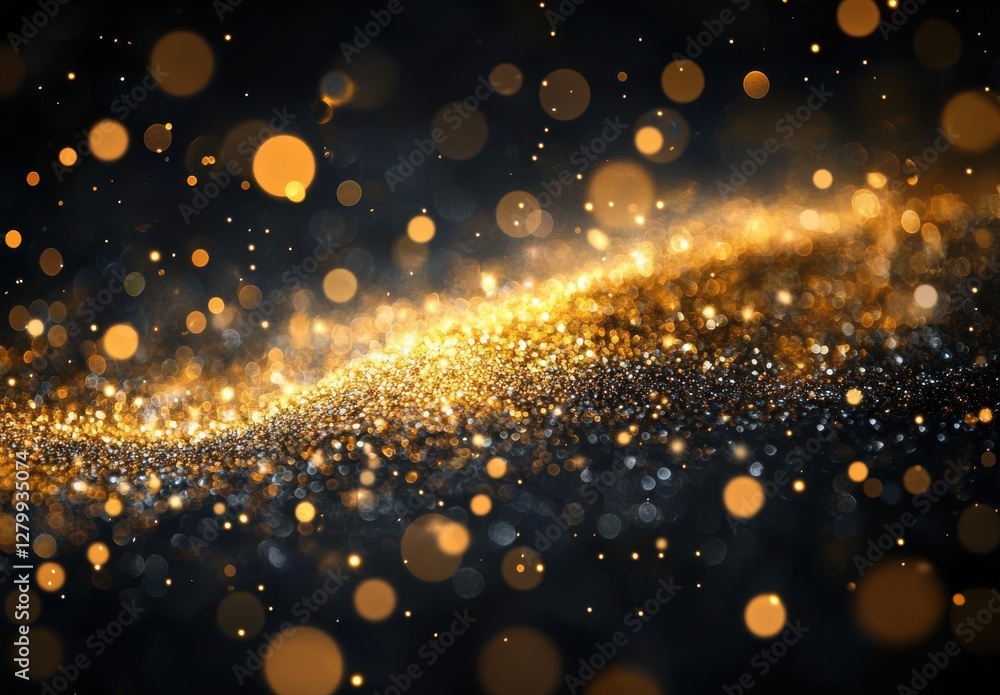 Poster golden shimmer particles on a dark background creating a shimmering and sparkling effect, ideal for 