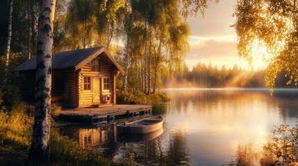 Obraz premium Sunrise over tranquil lake with lakeside cabin.
