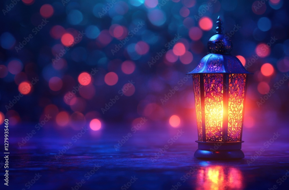 Poster illuminated decorative lantern with intricate patterns surrounded by dreamy bokeh lights in a soft b