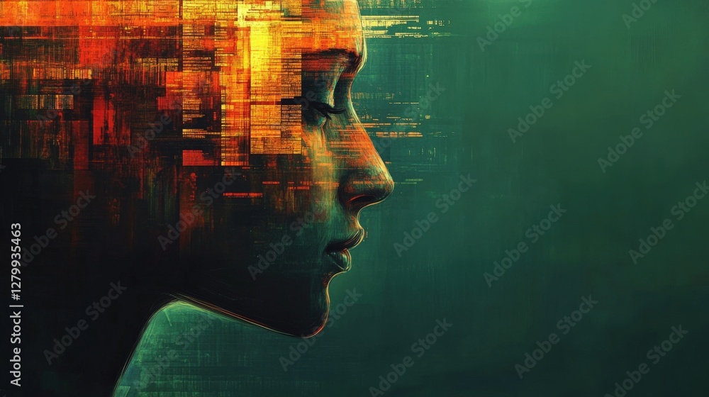 Poster abstract representation of a human profile with digital patterns and colors, showcasing technology