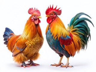 Fototapeta premium Majestic Rooster & Hen: Traditional Gamecocks on White Background, Copy Space