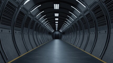Naklejka premium A highly futuristic and expansive underground bunker corridor with a seamless geometric lighting design and a sleek minimalist architectural aesthetic The space features a long
