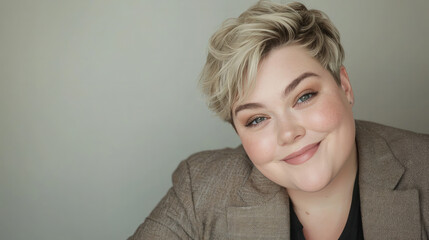 Fototapeta premium An overweight young woman with short blonde hair, smiling and looking at the camera, generative AI