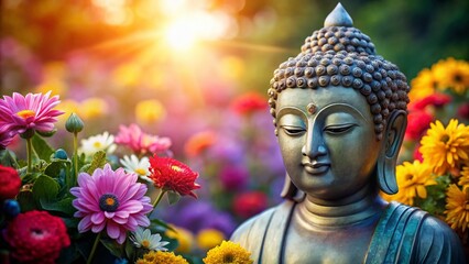 Serene Buddha Statue with Blooming Flowers: Peaceful Meditation Stock Photo