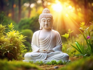 Serene White Buddha Statue in Natural Setting - Peaceful Meditation Image
