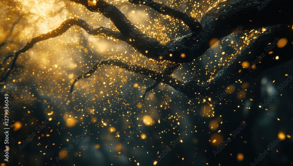 Poster magical forest scene with glowing particles and dramatic lighting showcasing organic shapes and intr