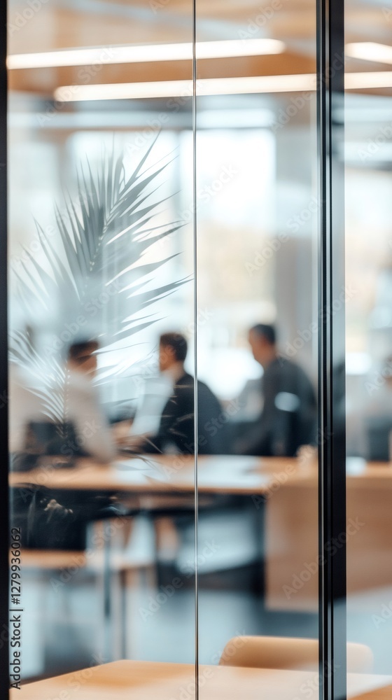 Aufkleber blurred office workers sitting at desks in a modern workspace, seen through a glass partition with a