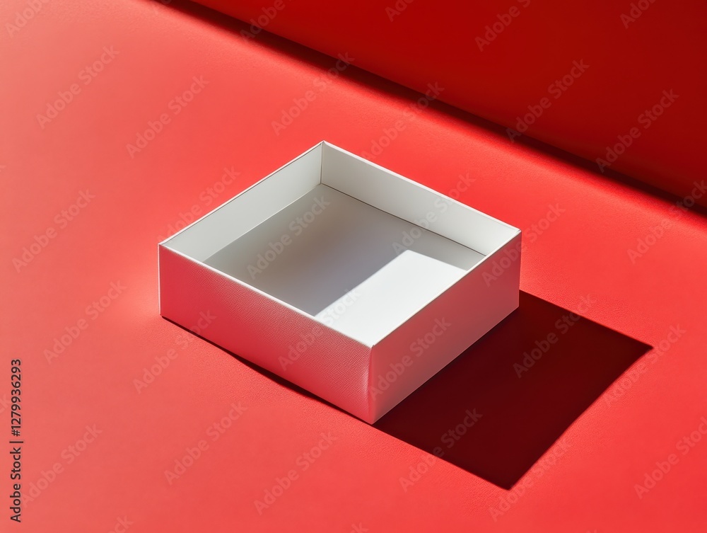 Poster minimalist white empty box on vibrant red background with soft shadows for creative and modern desig
