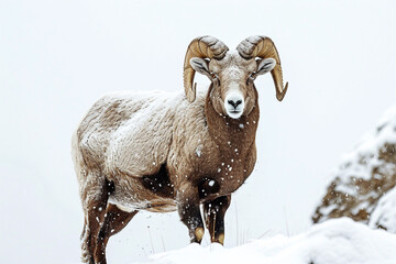 Fototapeta premium Bighorn Sheep standing in a mountain landscape. Animal front portrait.
