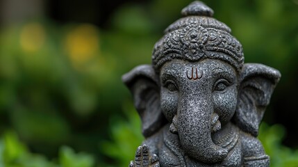 Fototapeta premium Stone statue of Hindu deity Lord Ganesha stands amidst lush green garden foliage in soft daylight.