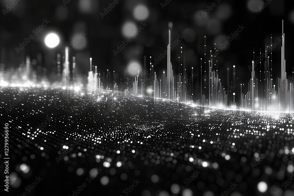 Poster geometric art of particles and lines representing predictive analytics in stock market design. gener