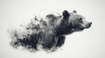 Grizzly bear portrait, monochrome style with artistic dust effect. Ideal for wildlife, nature, or strength-themed projects.