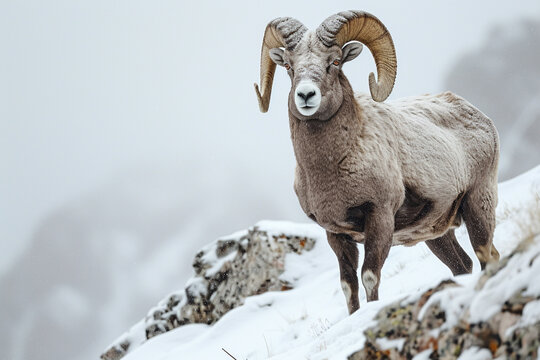 Bighorn Sheep standing in a mountain landscape. Animal front portrait.