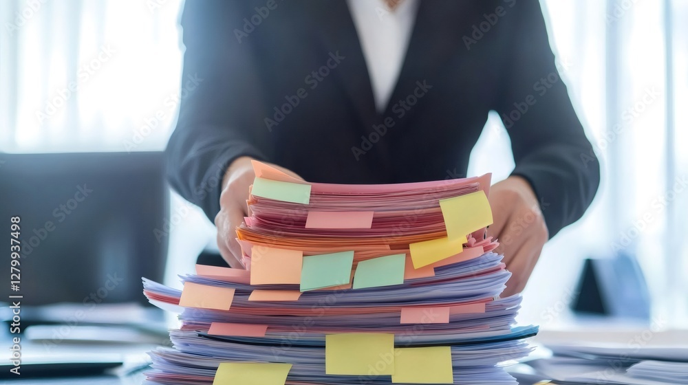 Poster Professional organizing a large stack of documents adorned with colorful sticky notes, symbolizing the stress and complexity of multitasking and time management in a busy workplace