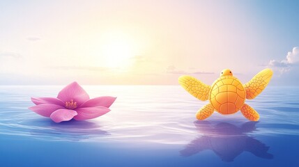 Dreamy seascape with pink waterlily and yellow starfish against a backdrop of the setting sun creating a tranquil and calming atmosphere