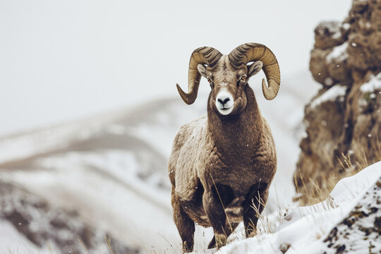 Bighorn Sheep standing in a mountain landscape. Animal front portrait.