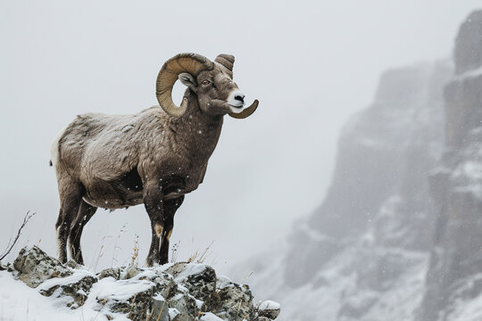 Bighorn Sheep standing in a mountain landscape. Animal front portrait.