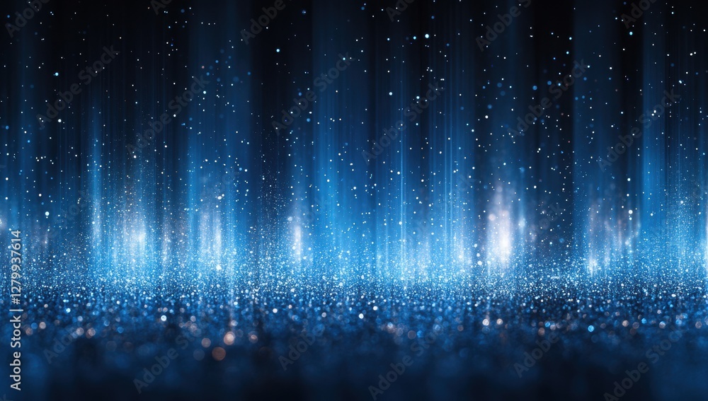 Poster shimmering blue light particles and vertical rays creating a dreamlike atmosphere and background for