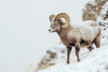 Bighorn Sheep standing in a mountain landscape. Animal front portrait.