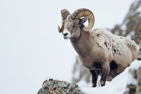 Bighorn Sheep standing in a mountain landscape. Animal front portrait.