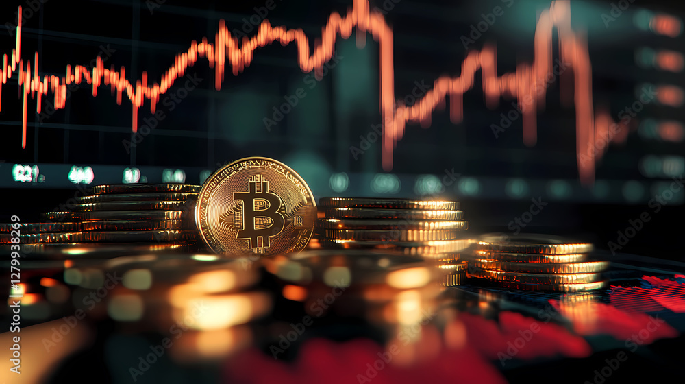 Poster bitcoin on a dark wooden table with a stock market display in the background.