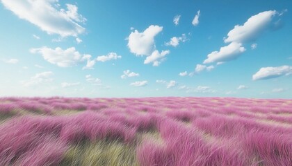 Meadow purple grass field countryside with blue sky with clouds