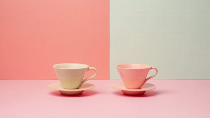 Two elegantly styled ceramic cups with saucers on a pastel pink and peach backdrop